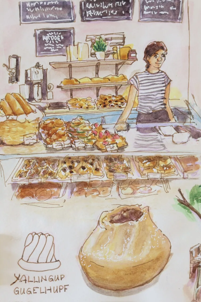 watercolour sketch of Yallingup Bakery counter