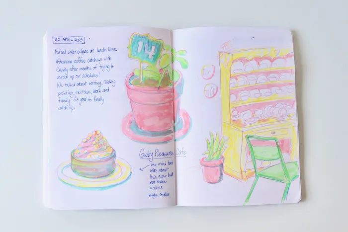Photo of my sketchbook, showing highlighter sketches of things I saw in a cafe