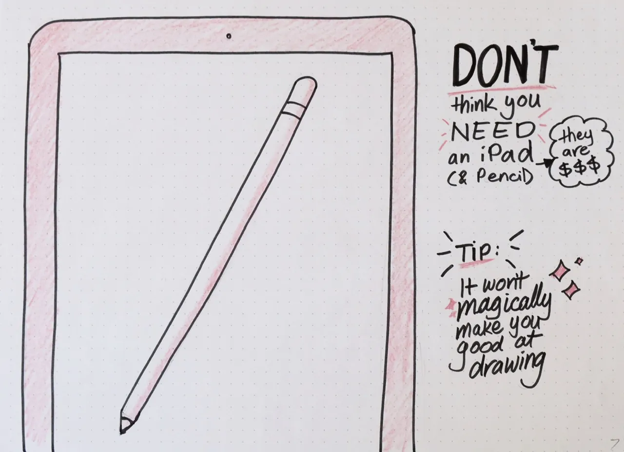 sketch of an ipad and Apple Pencil with the text don't think you need an iPad, they are $