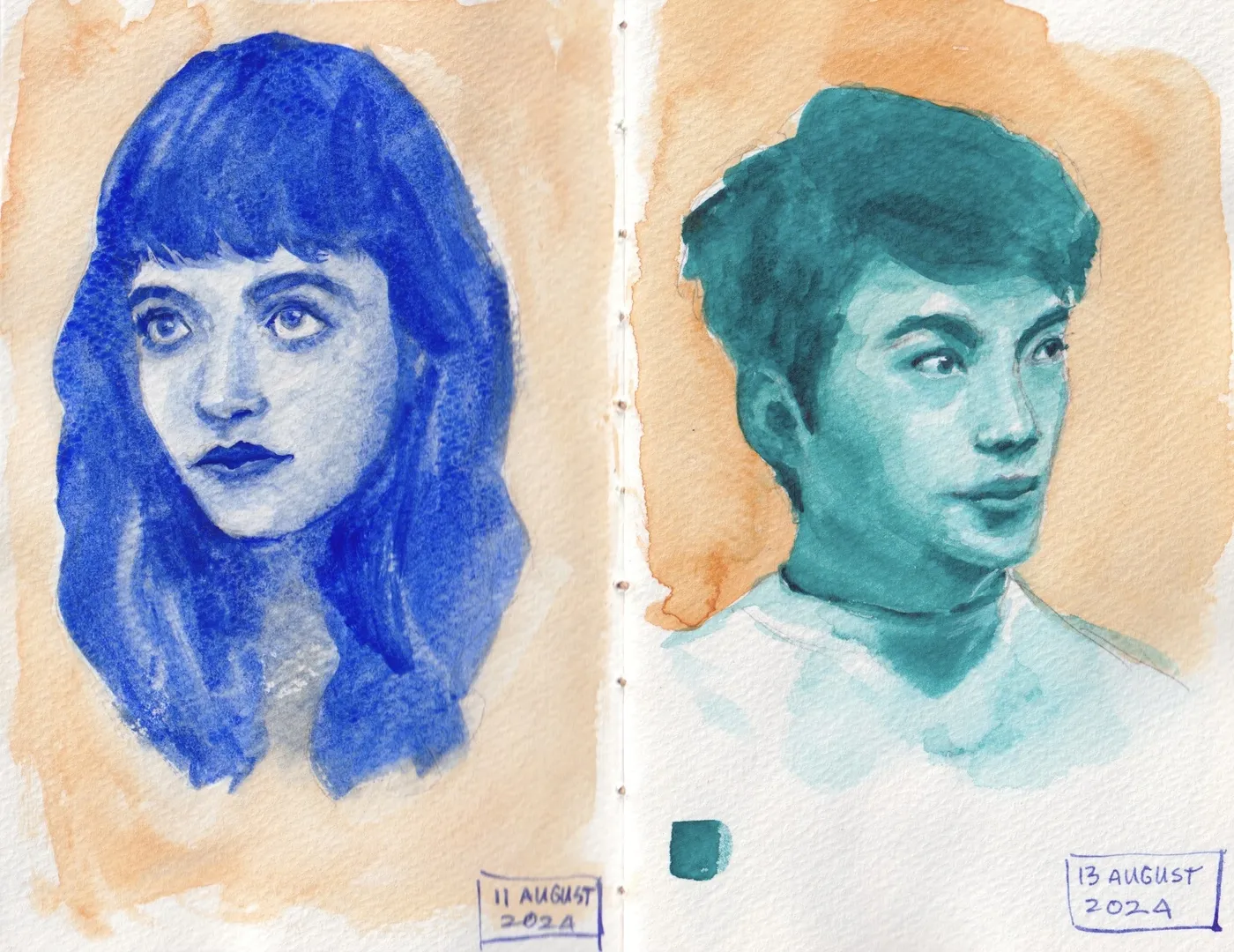 Watercolour portraits of a woman and a man