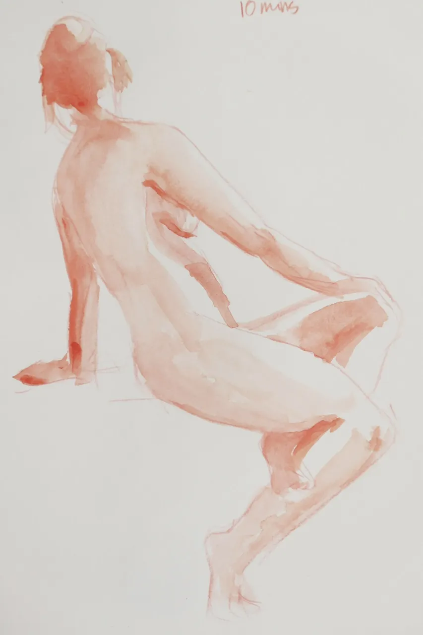 watercolour sketch of a nude woman back to us