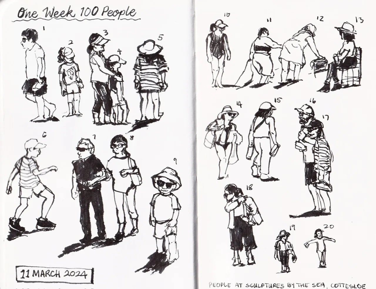 pen sketches of 20 different people spotted at Cottesloe beach