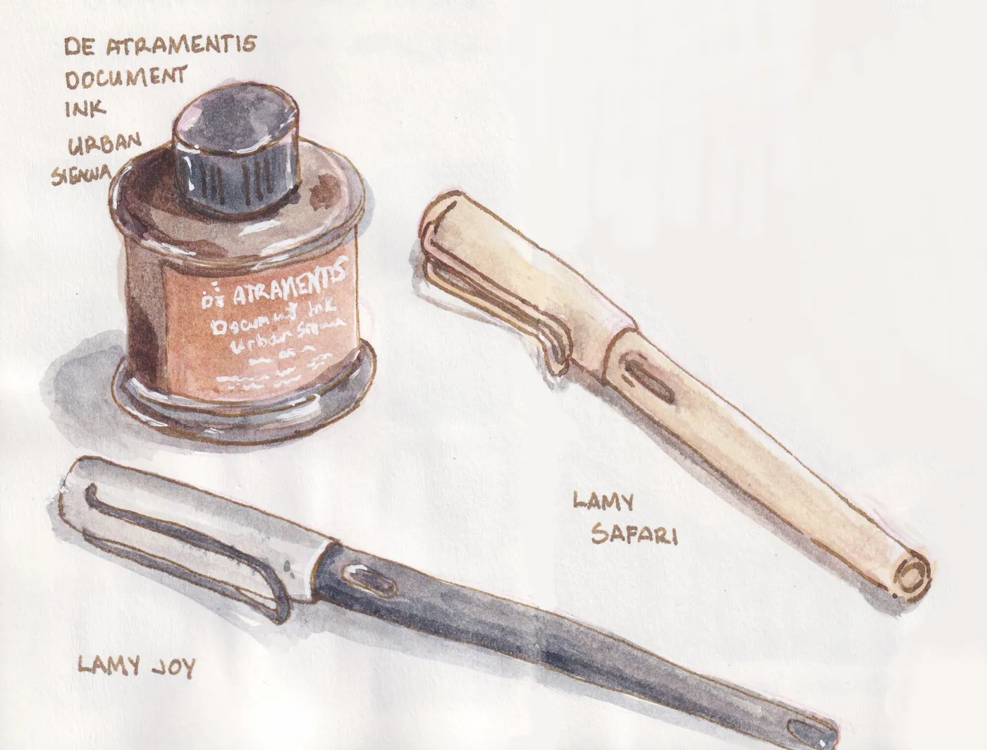watercolour painting of 2 fountain pens and a bottle of ink