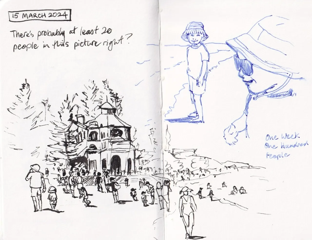 Pen sketches of a crowd at the beach, sketches of two kids at the beach in blue ink