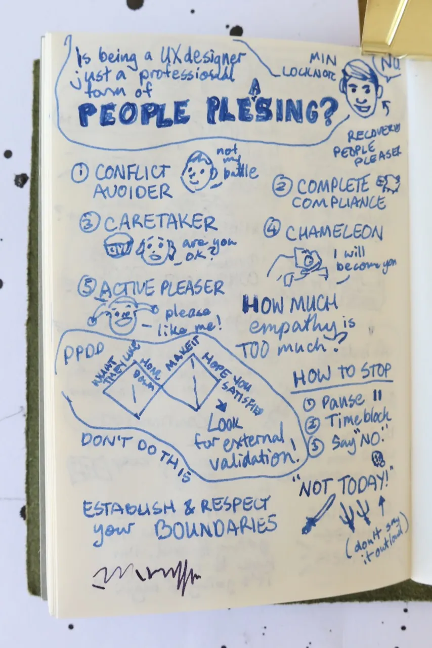 sketchnotes for Is being a UX designer just a professional form of people pleasing? By Min