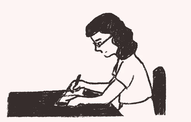 illustration of a woman sitting in a chair writing in a notebook