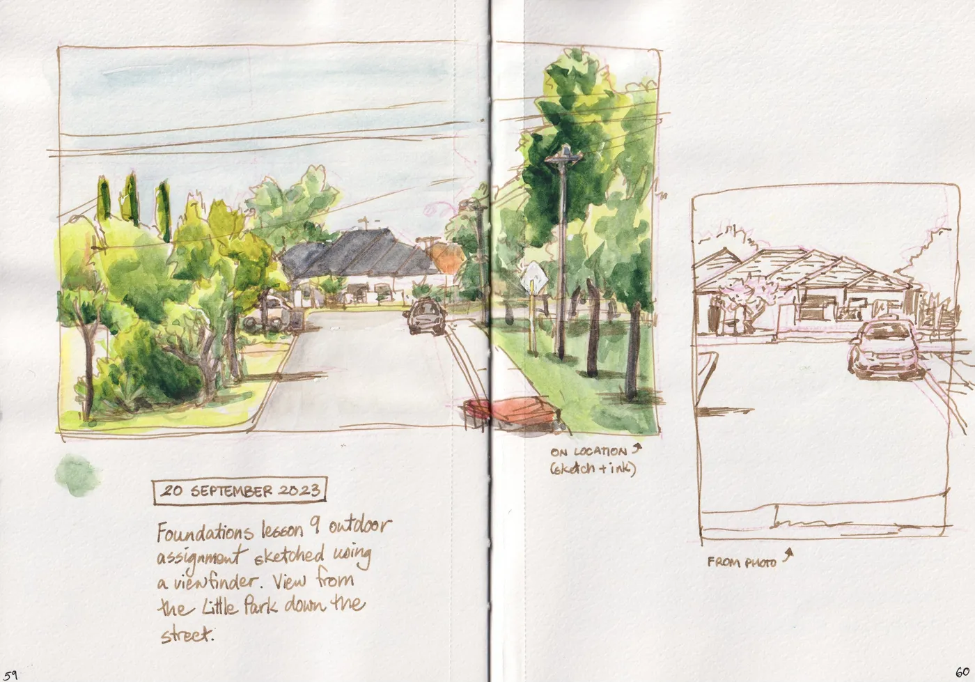 watercolour sketch of a view down the street