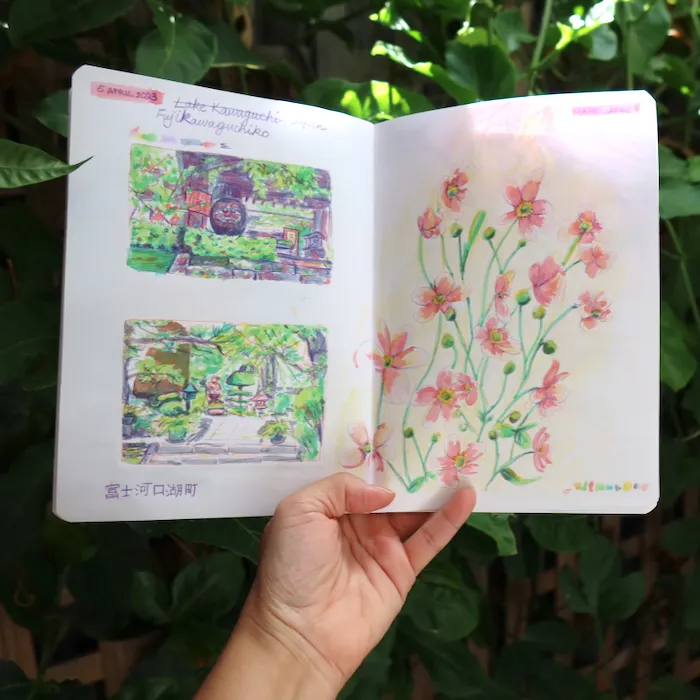 photo of my sketchbook, with highlighter sketches