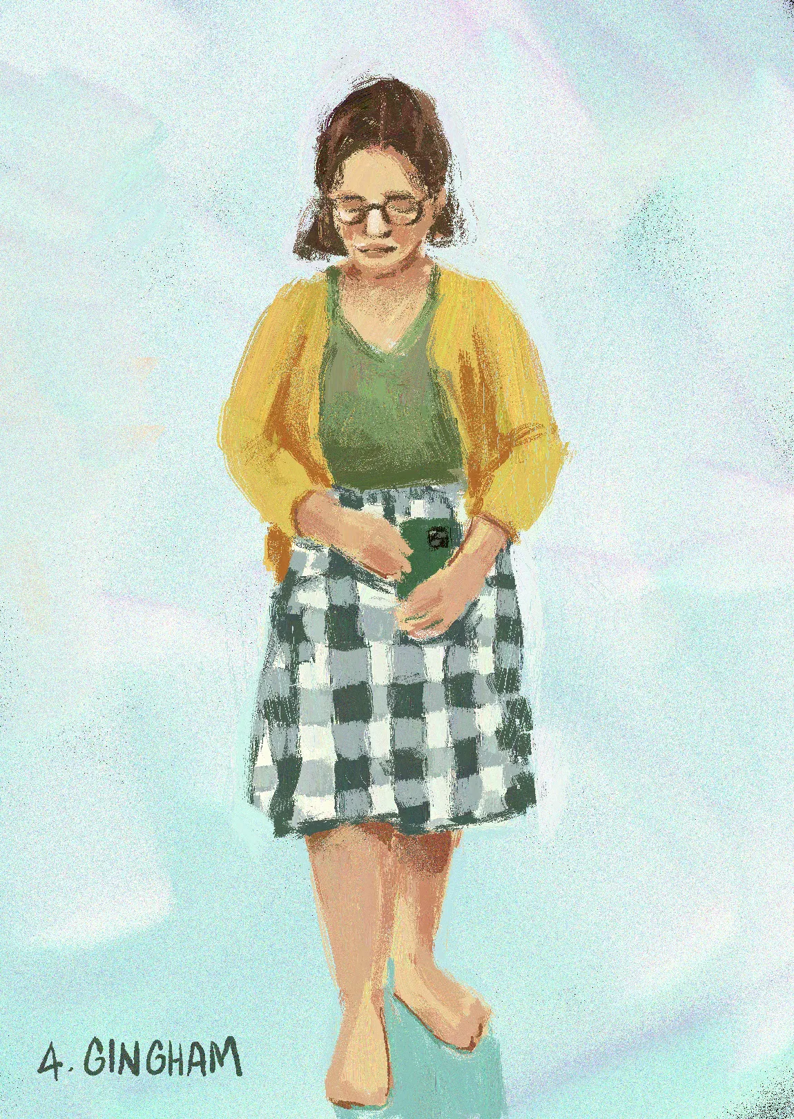 Digital sketch of myself holding a phone wearing a gingham skirt