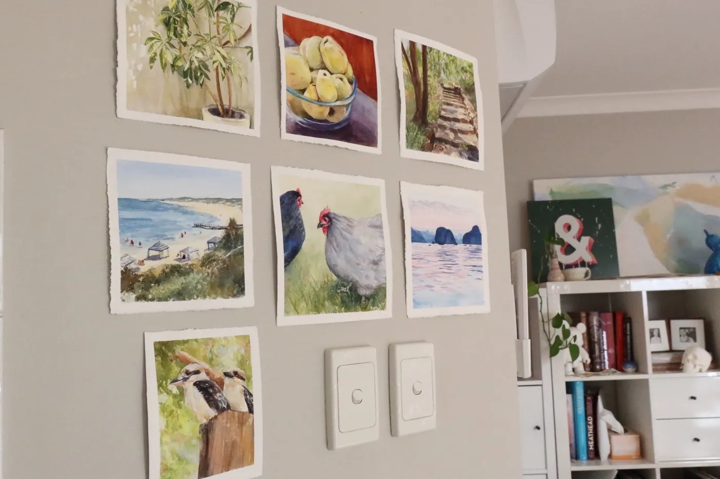 A temporary gallery wall of my watercolour paintings