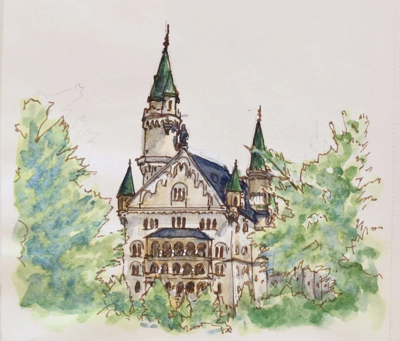 watercolour sketch of the Neuschwanstein Castle
