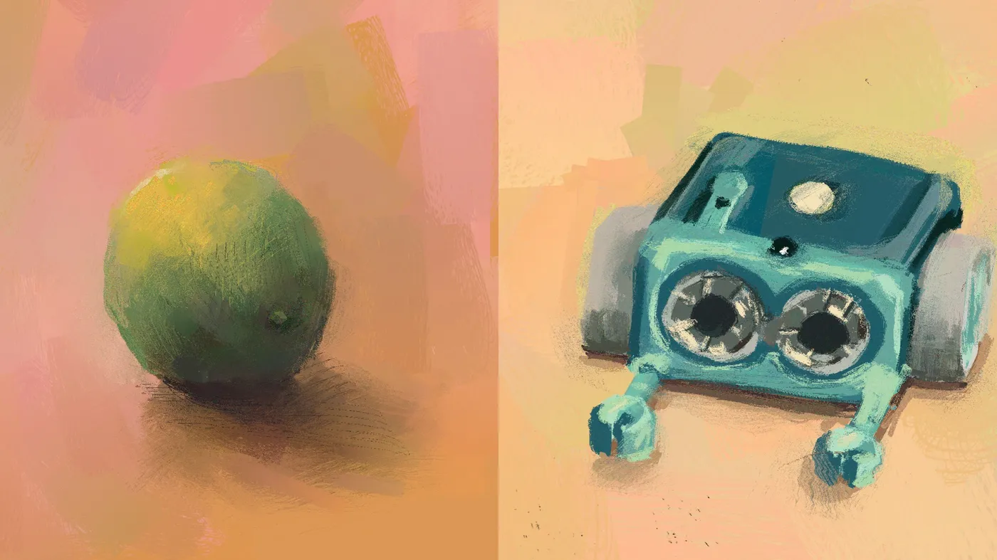 digital painting of a lime and a toy robot