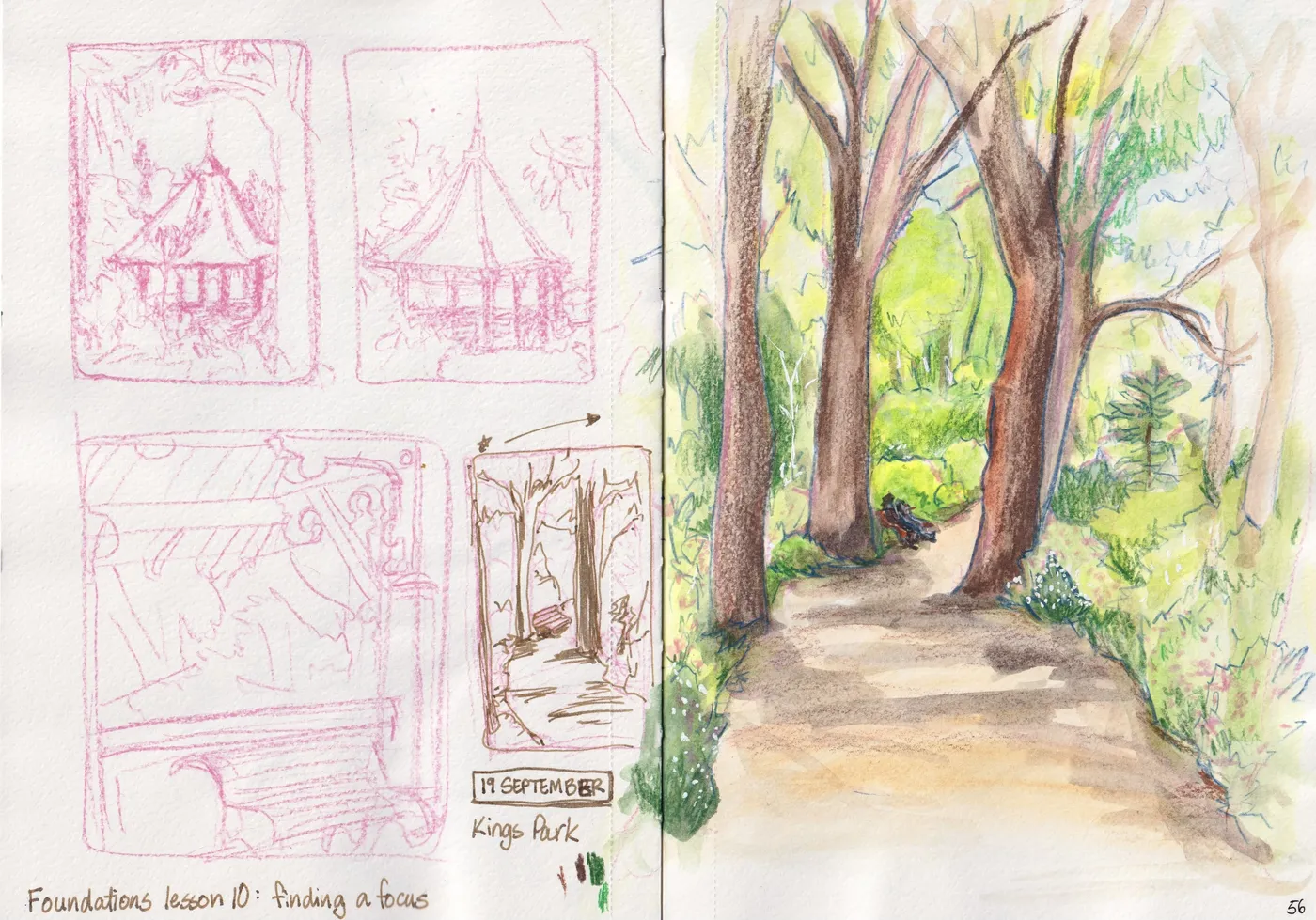 sketch of a forest path and some thumbnails