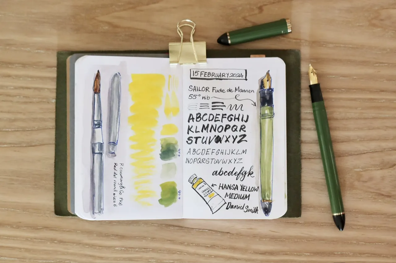 Photo of a sketchbook with sketches of my Sailor Fude de Mannen fountain pen, with the real pen next to it