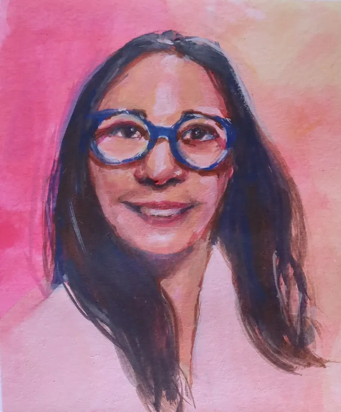 self portrait on a pink background