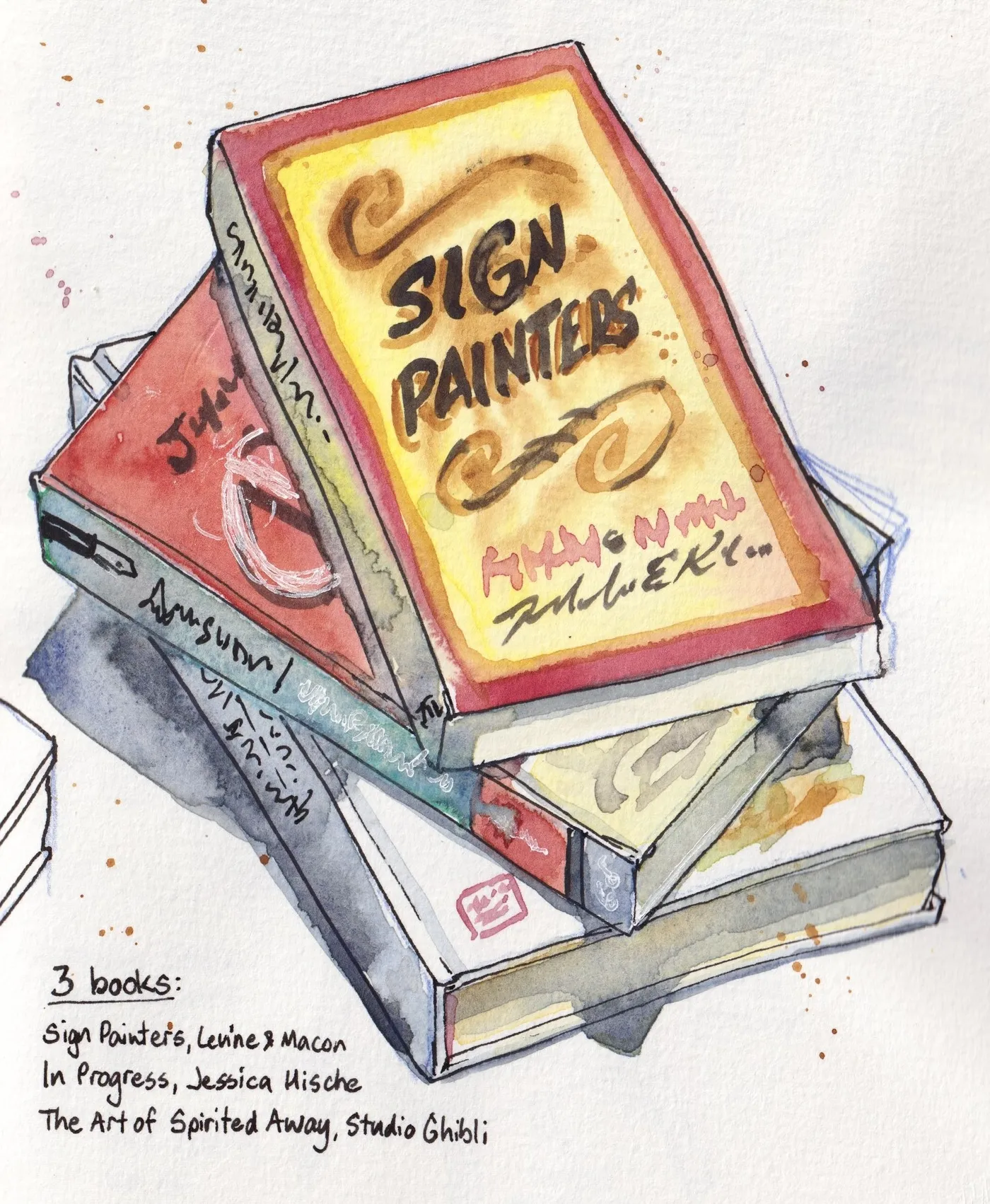 watercolour sketch of 3 stacked books