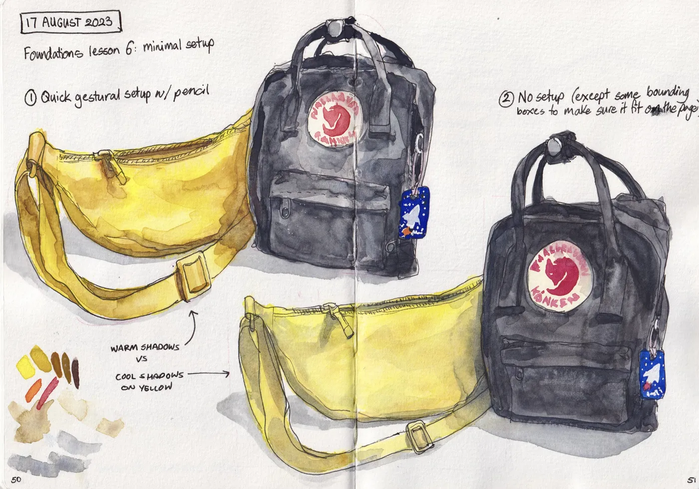 watercolour sketches of two of my bags