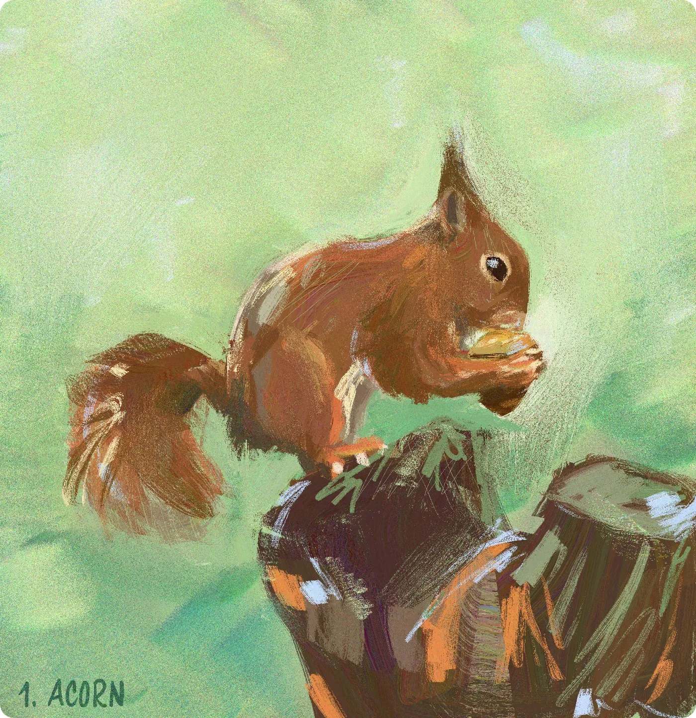 Digital sketch of a squirrel eating an acorn