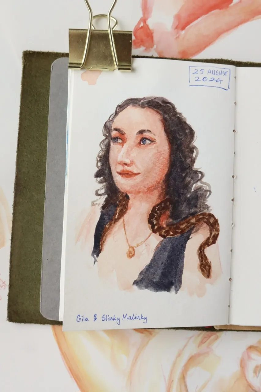 Watercolour portrait of model Gila and her snake Slinky Malinky