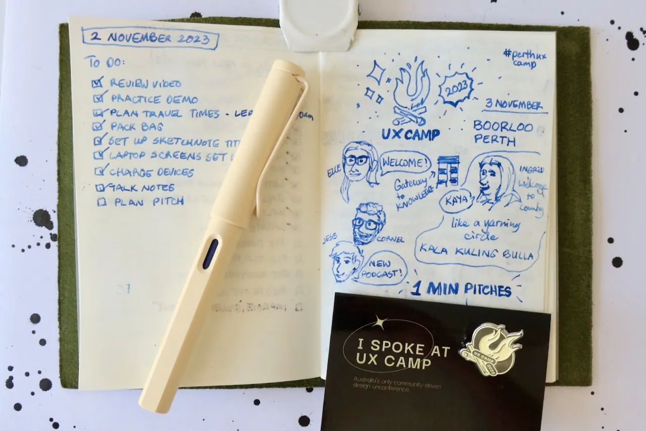 sketchnotes for the intro and welcome to country of UX Camp Perth 2023, as well as my to do list for the night before and the badge for speaking at UX Camp