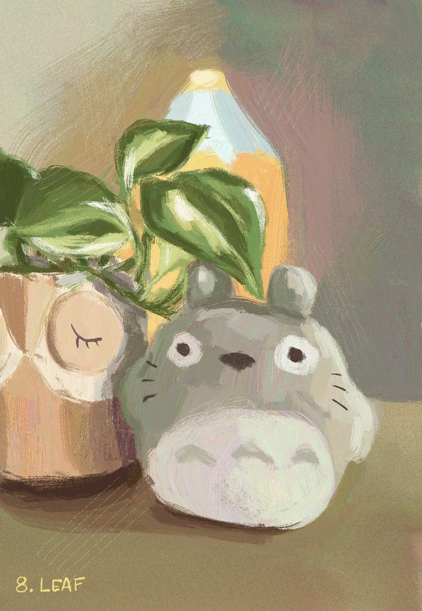 Digital sketch of a Totoro plush toy under a pot plant leaf