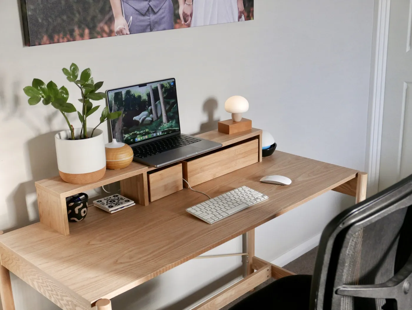 My desk, with a laptop, keyboard, mouse and pot plant