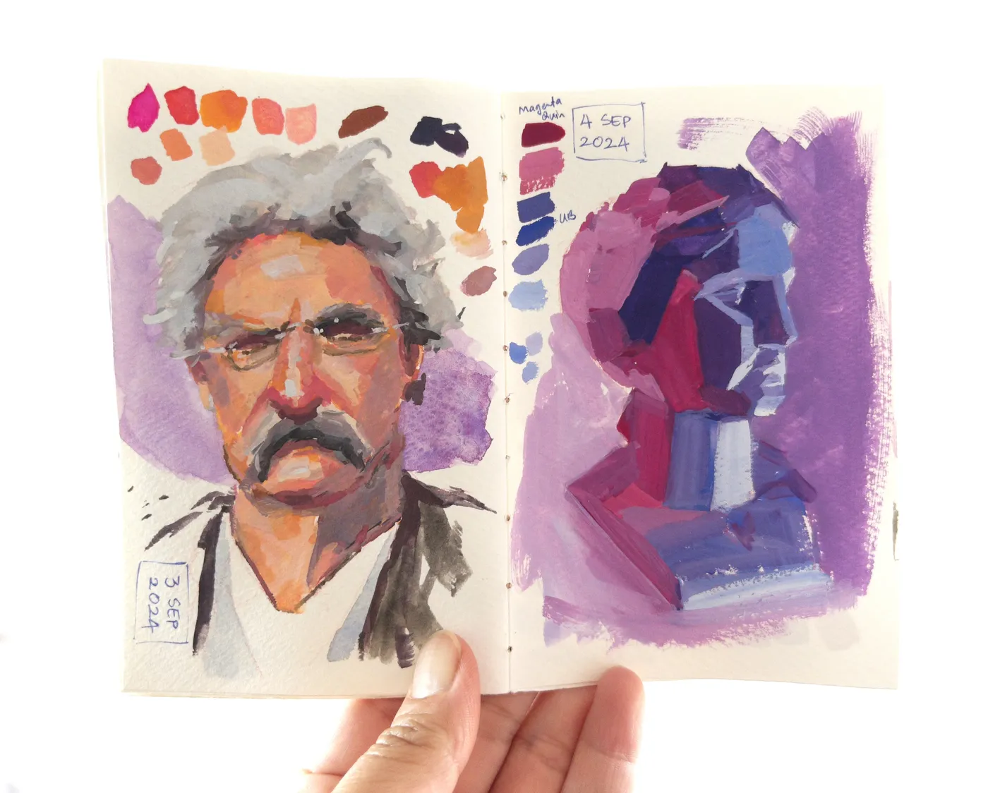Photo of a sketchbook showing 2 portraits in gouache