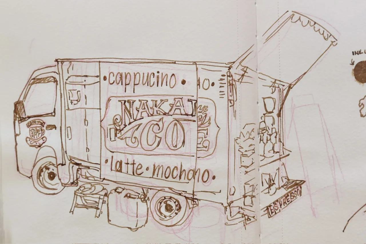 ink sketch of a coffee truck in Japan