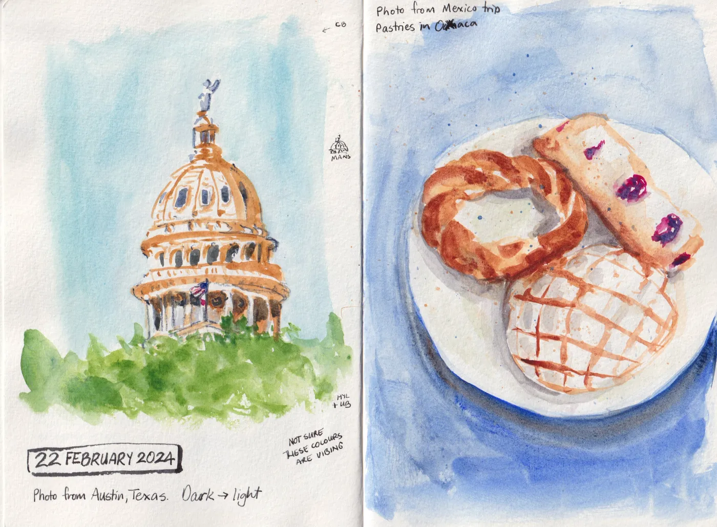 Sketch of a tower and some pastries, watercolour