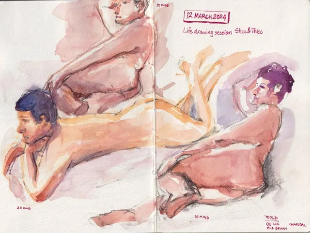 3 watercolour sketches of nude woman reclining