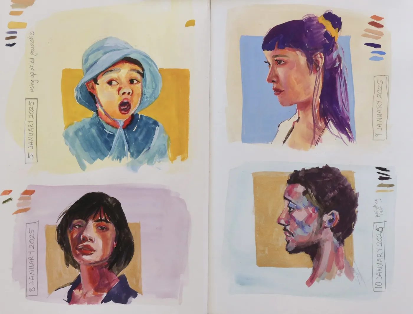 sketchbook with 4 gouache portraits