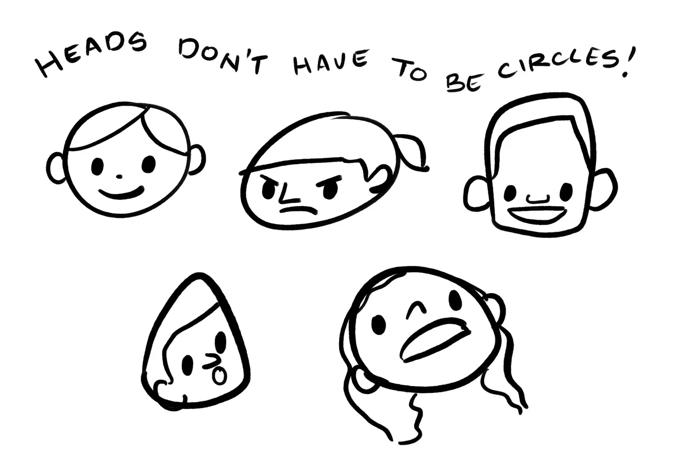 multiple faces with different shaped heads and varying expressions, all in a cartoony style