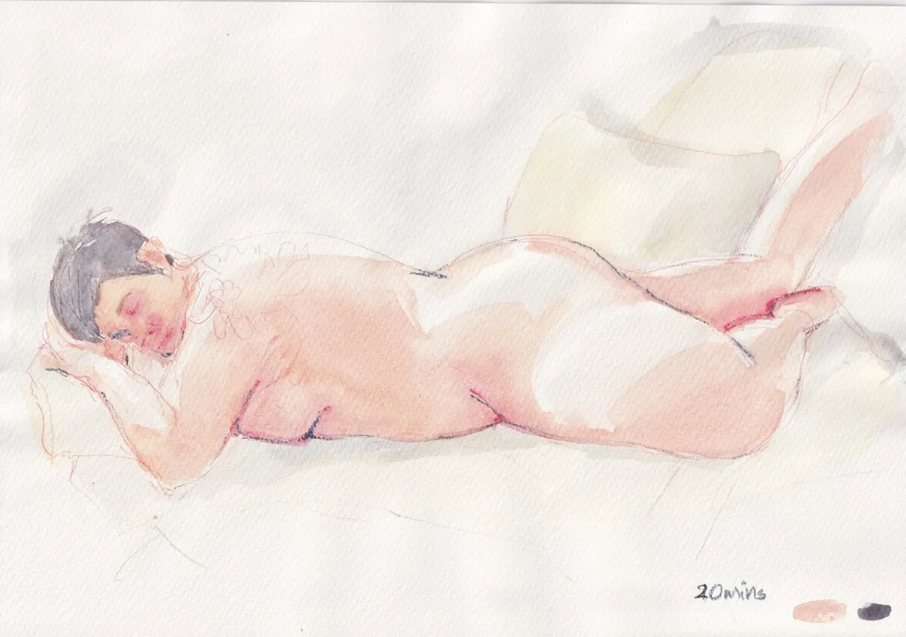 watercolour sketch of a nude woman, lying down