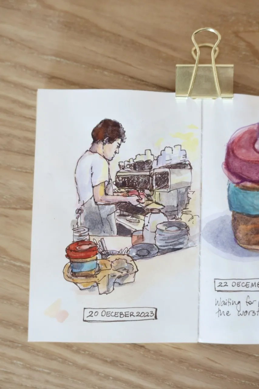 watercolour sketch of a barista making coffee