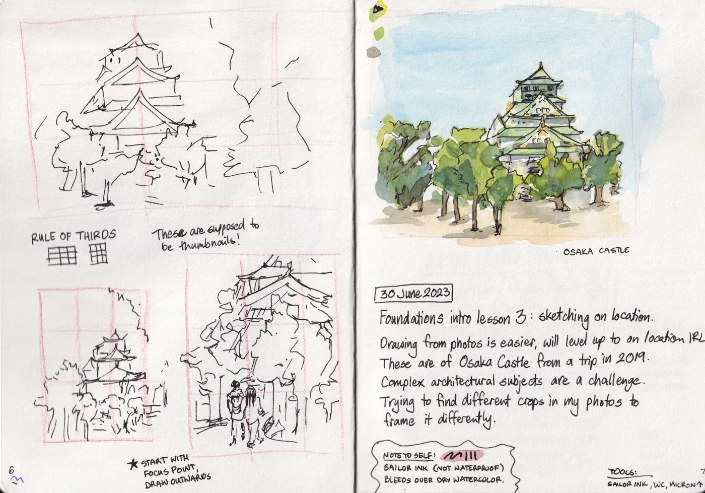thumbnail sketches and watercolour sketch of Osaka Castle