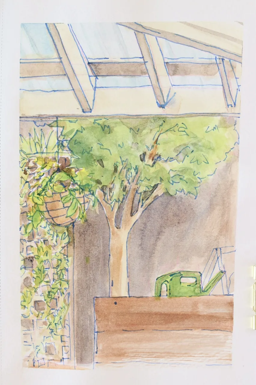 watercolour sketch of the view from my dining table out to the courtyard