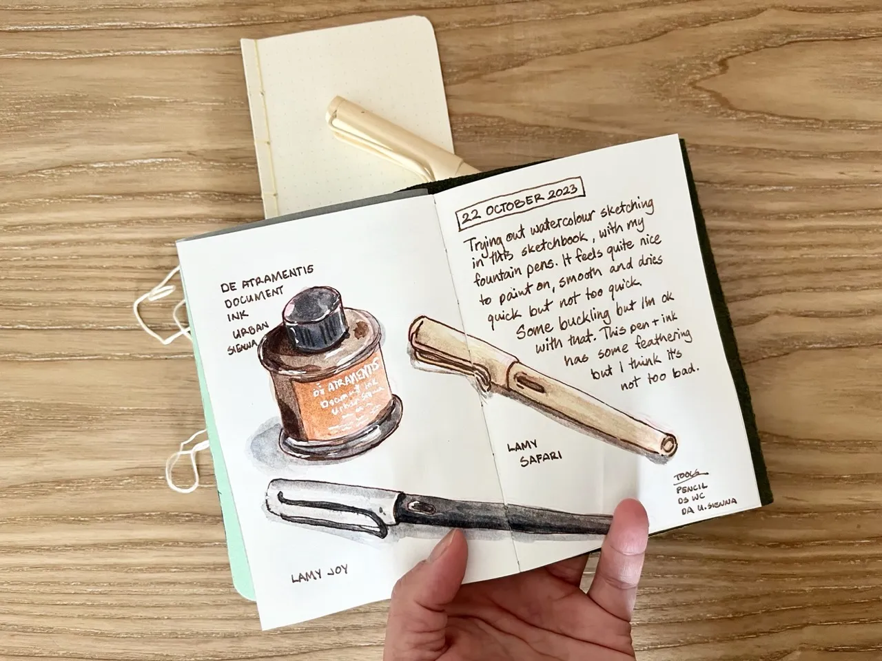 watercolour sketch of a bottle of ink and 2 fountain pens