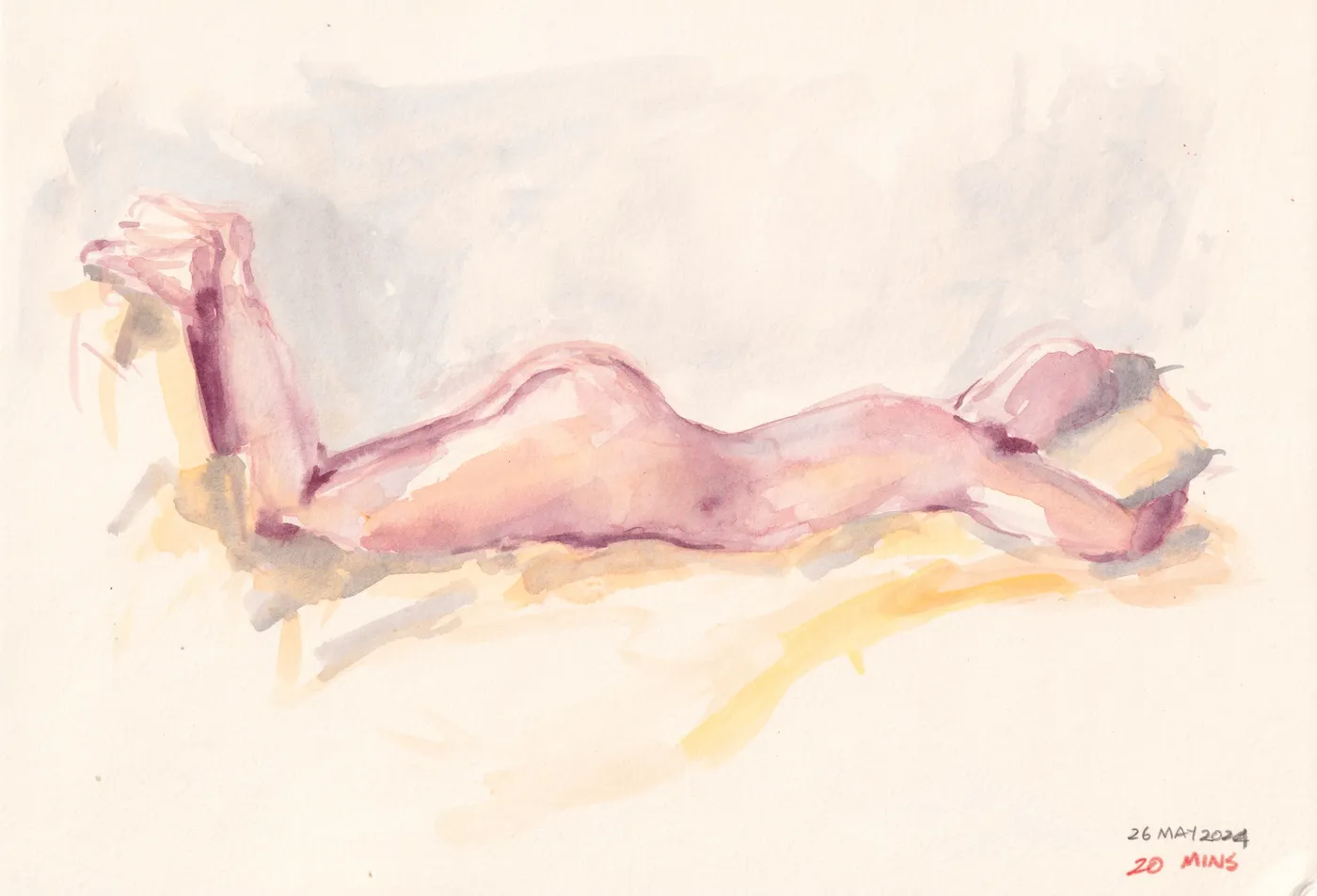 watercolour sketch of a nude woman, lying on a bed