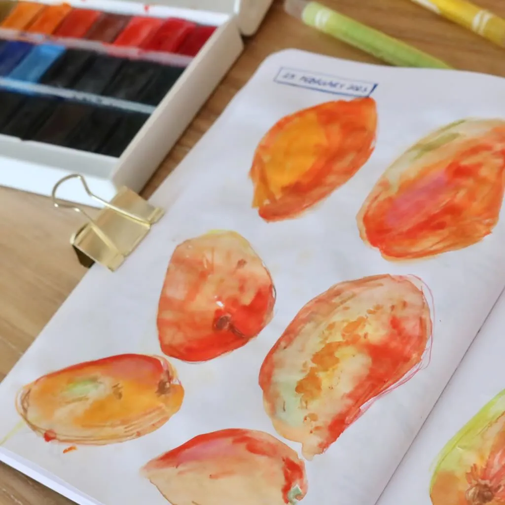 photo of my sketchbook, with watercolour paintings of mangoes
