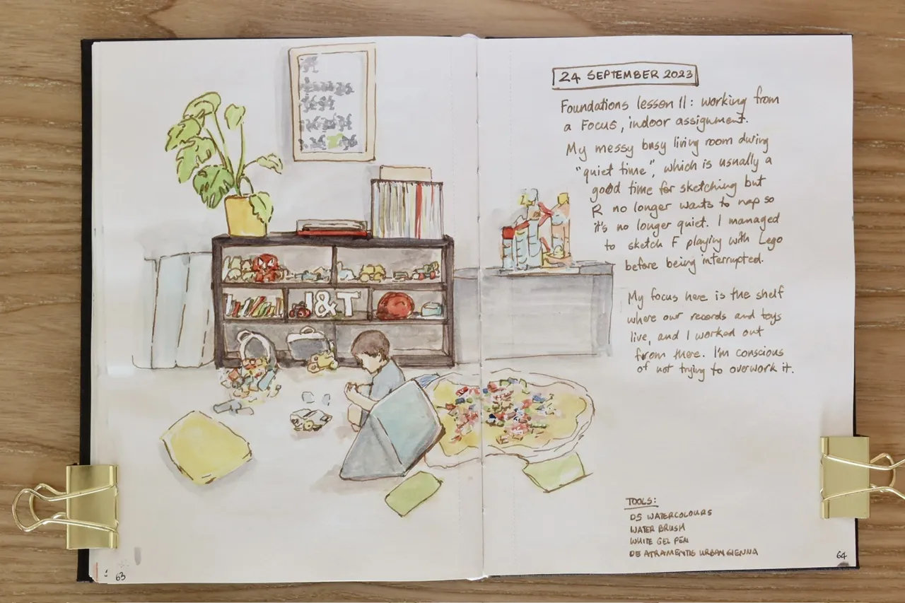ink and watercolour sketch of my living room with my son and many toys