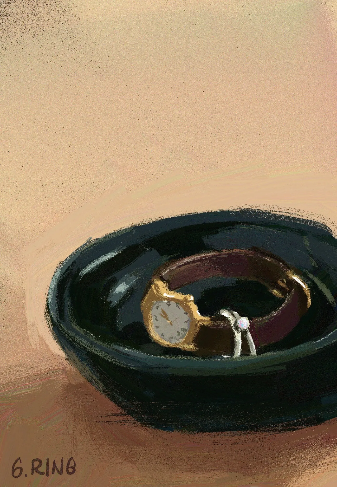 Digital sketch of my watch and rings in a black bowl