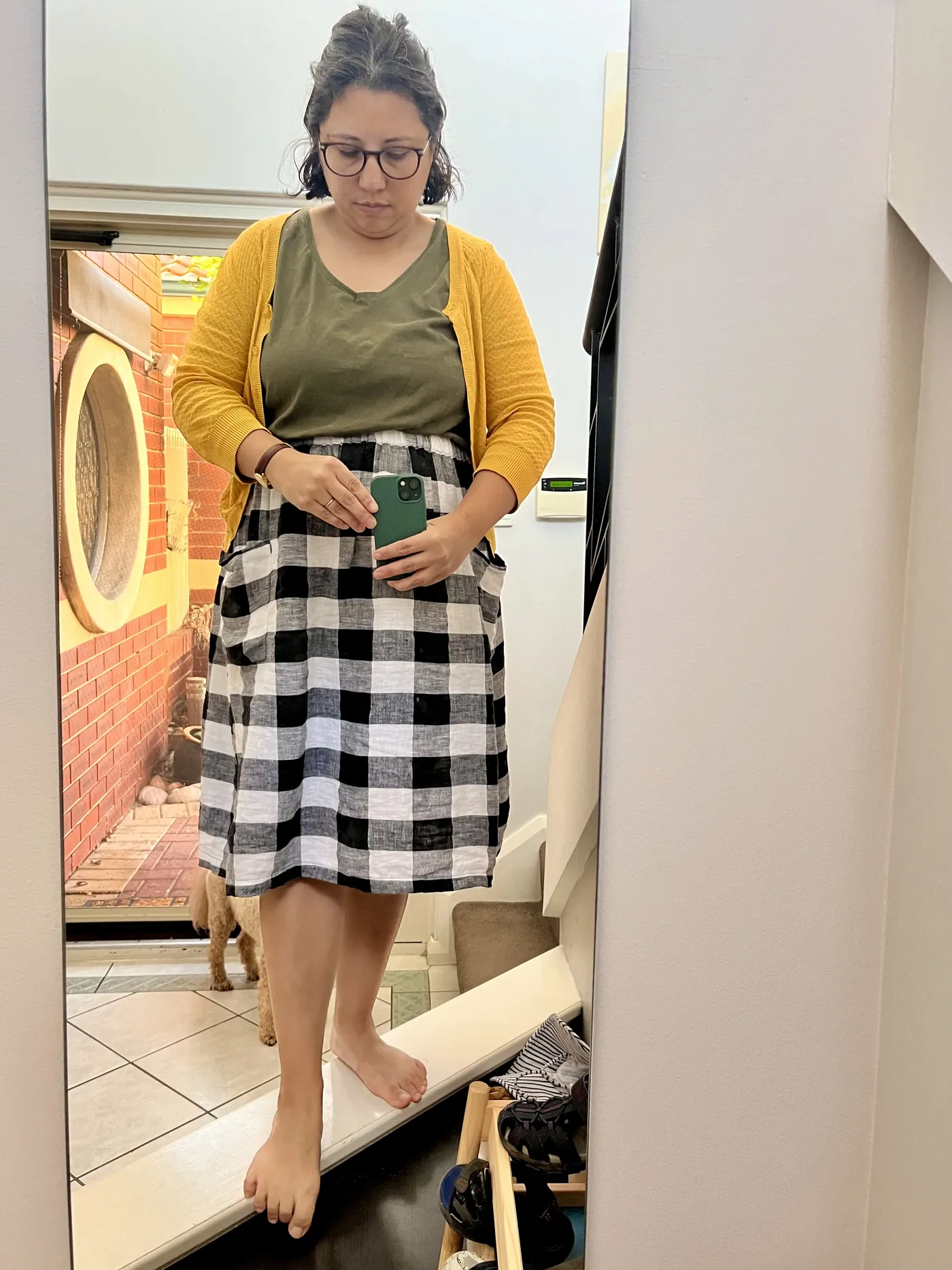 photo of me wearing my Trapezoid skirt in black and white gingham