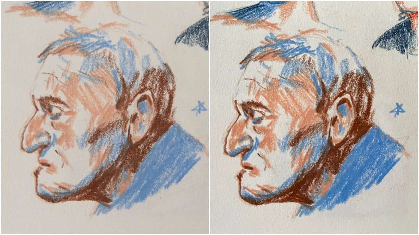 side by side comparison of a coloured pencil portrait of a man