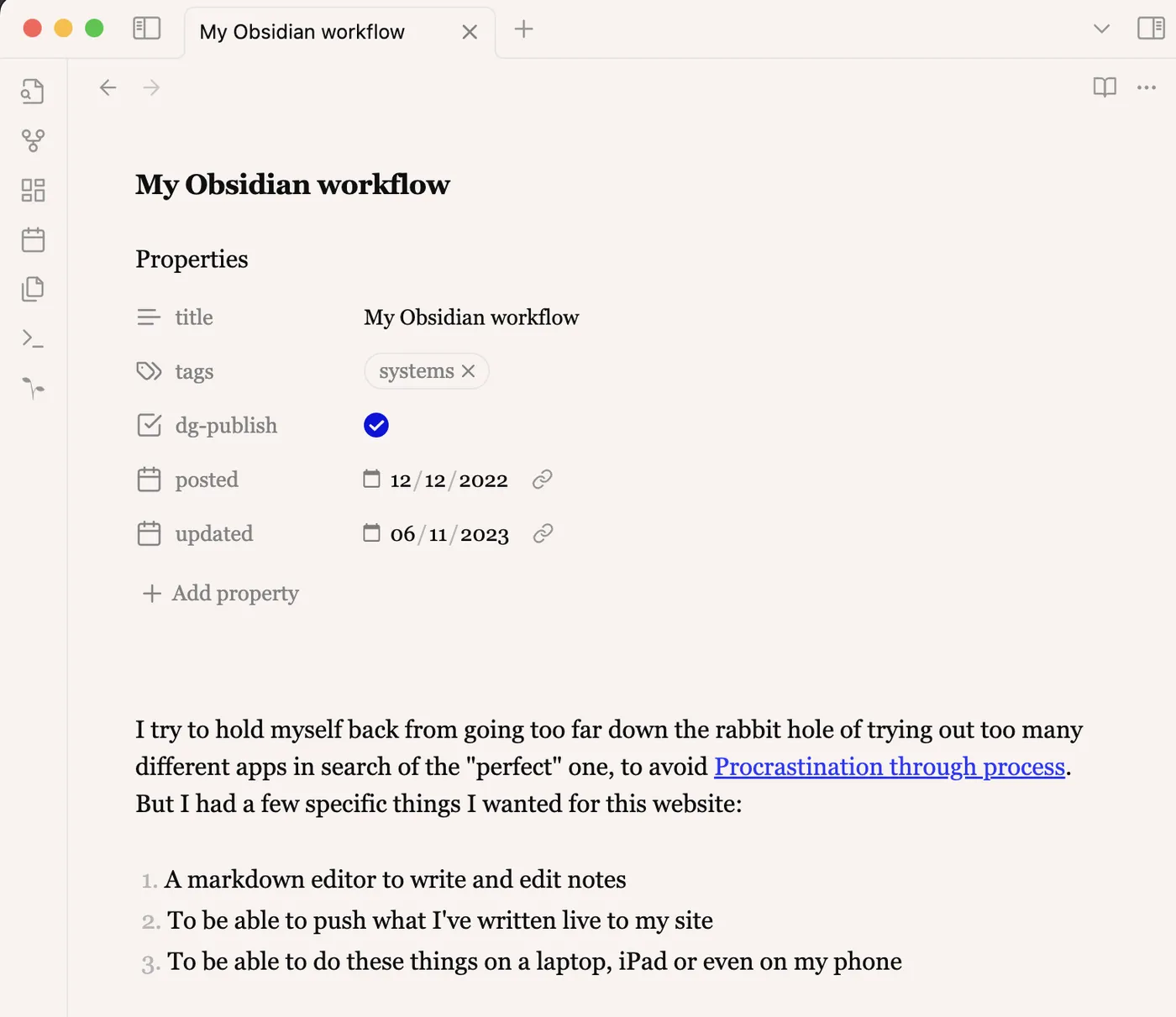 Screenshot of Obsidian interface, showing this post