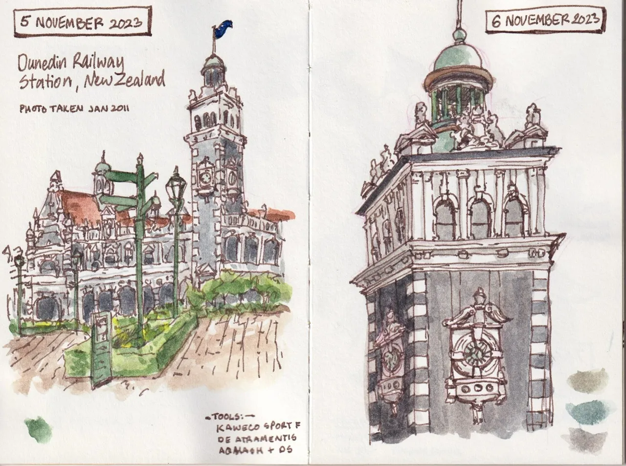 ink and wash sketch of Dunedin train station