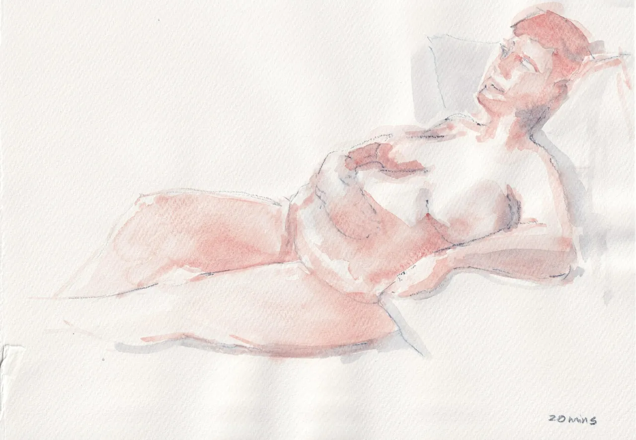watercolour sketch of a nude woman, lying on cushions