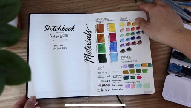 first spread of my sketchbook, material swatches