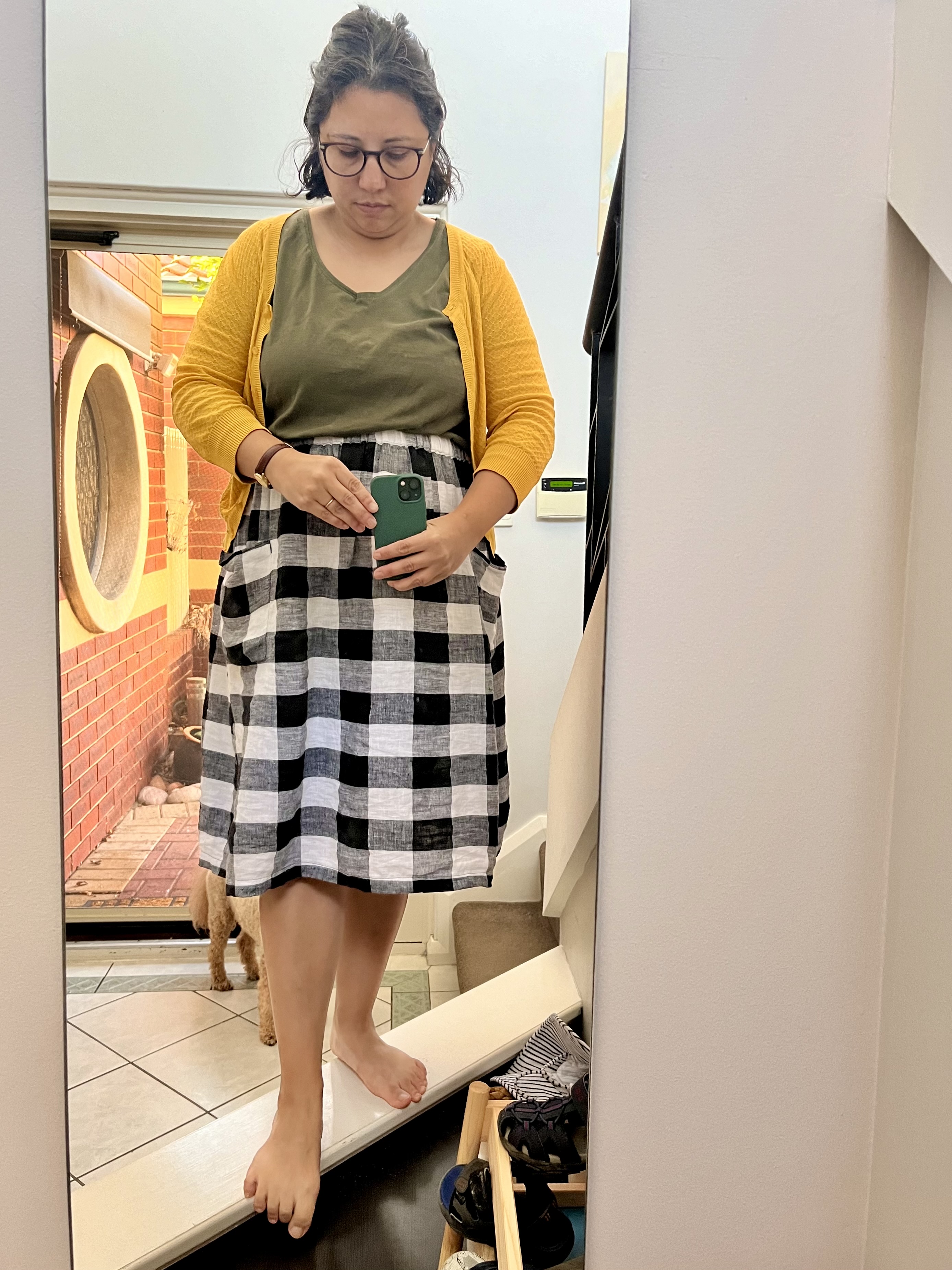 IMG_2284 1.jpeg|photo of me wearing my Trapezoid skirt in black and white gingham