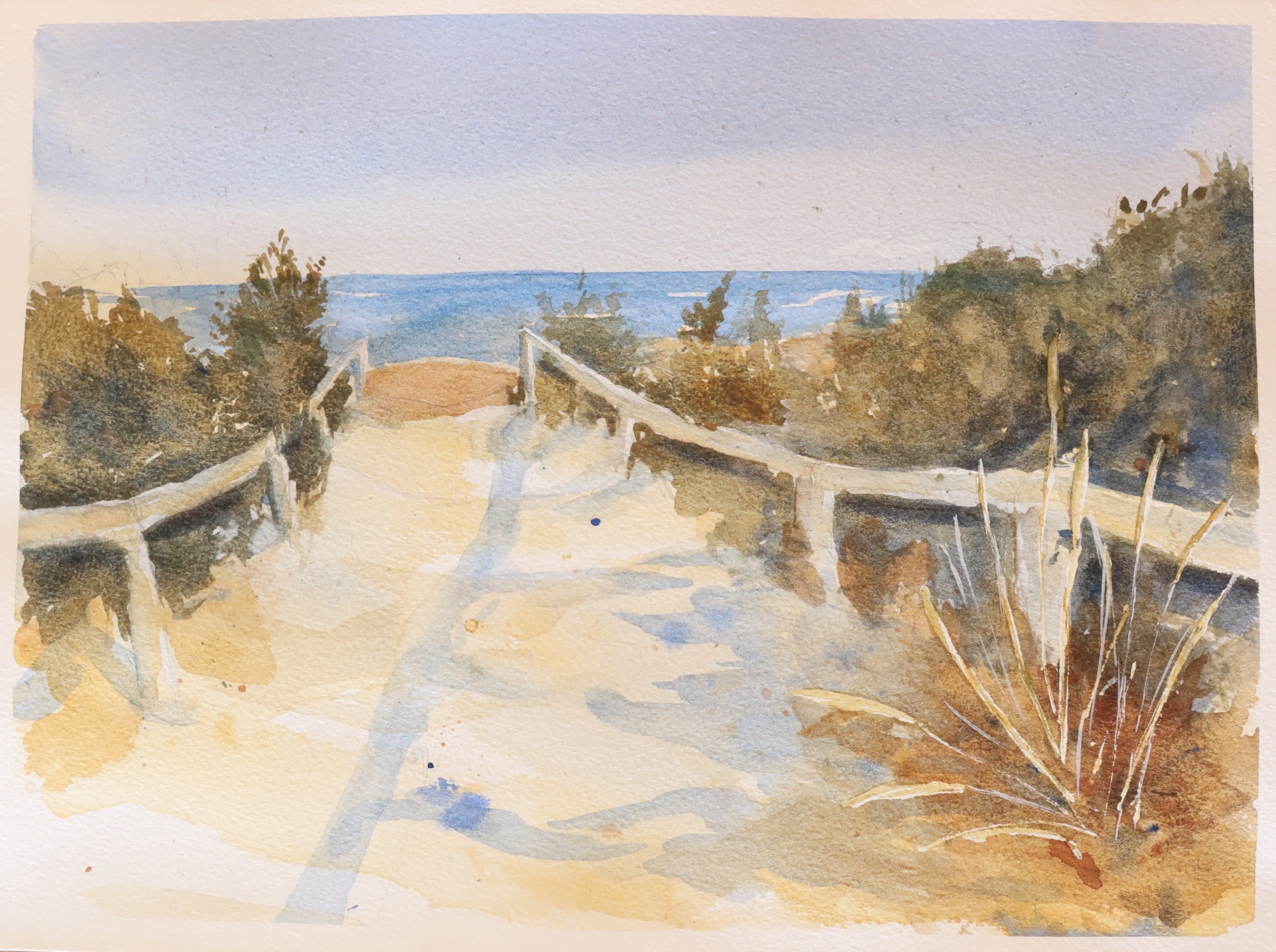 Watercolour painting of pathway to the beach