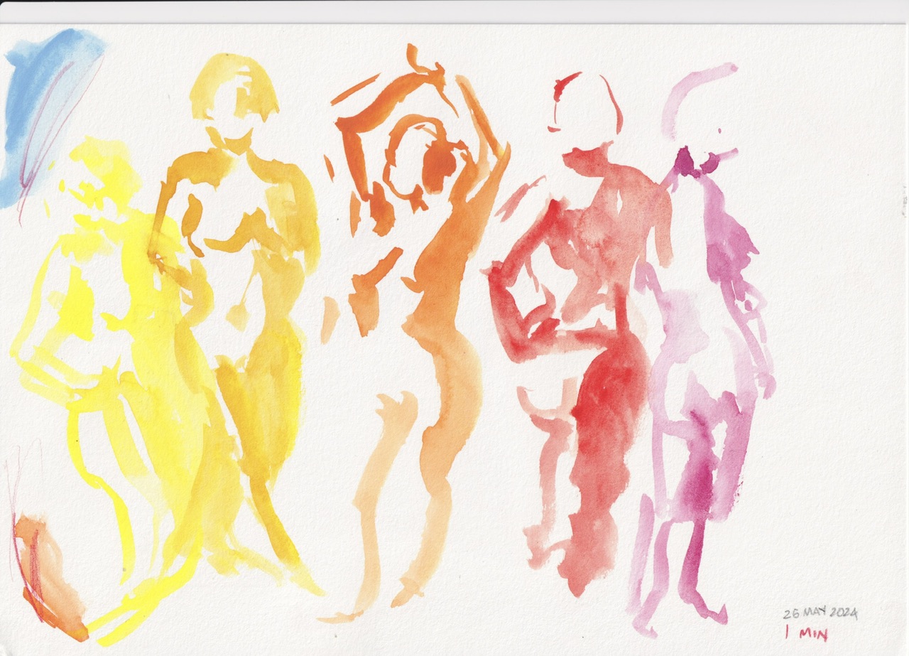 life drawing 11.jpeg|watercolour sketch of a nude woman in different colours, 1 minute poses